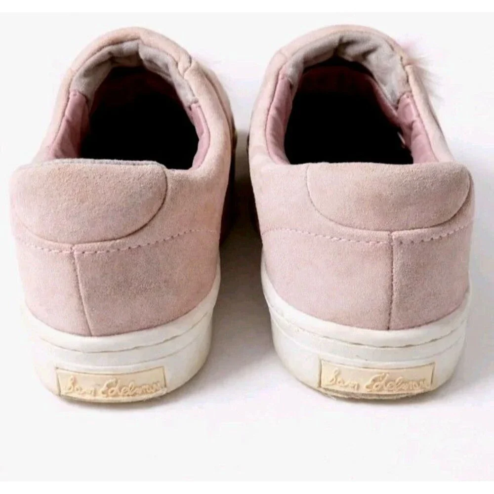 Sam Edelman Pink Suede Pom Pom Slip On Sneakers Womens 6 Blush Faux Fur